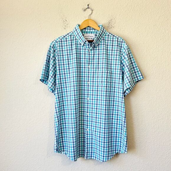 MIZZEN+MAIN Leeward Shirt Blue Plaid Trim Fit Button Down SS Stretch
